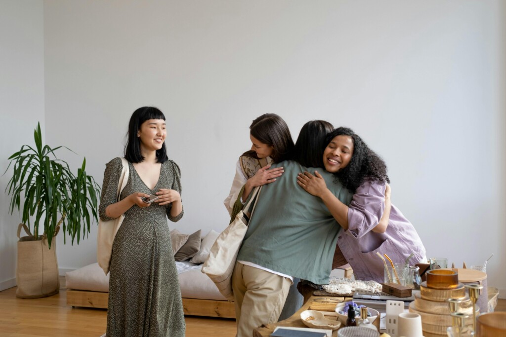 Group of friends embracing at a gathering, community and support