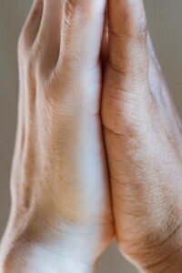 Two hands pressed gently together in soft natural light, a gesture of pause and patience