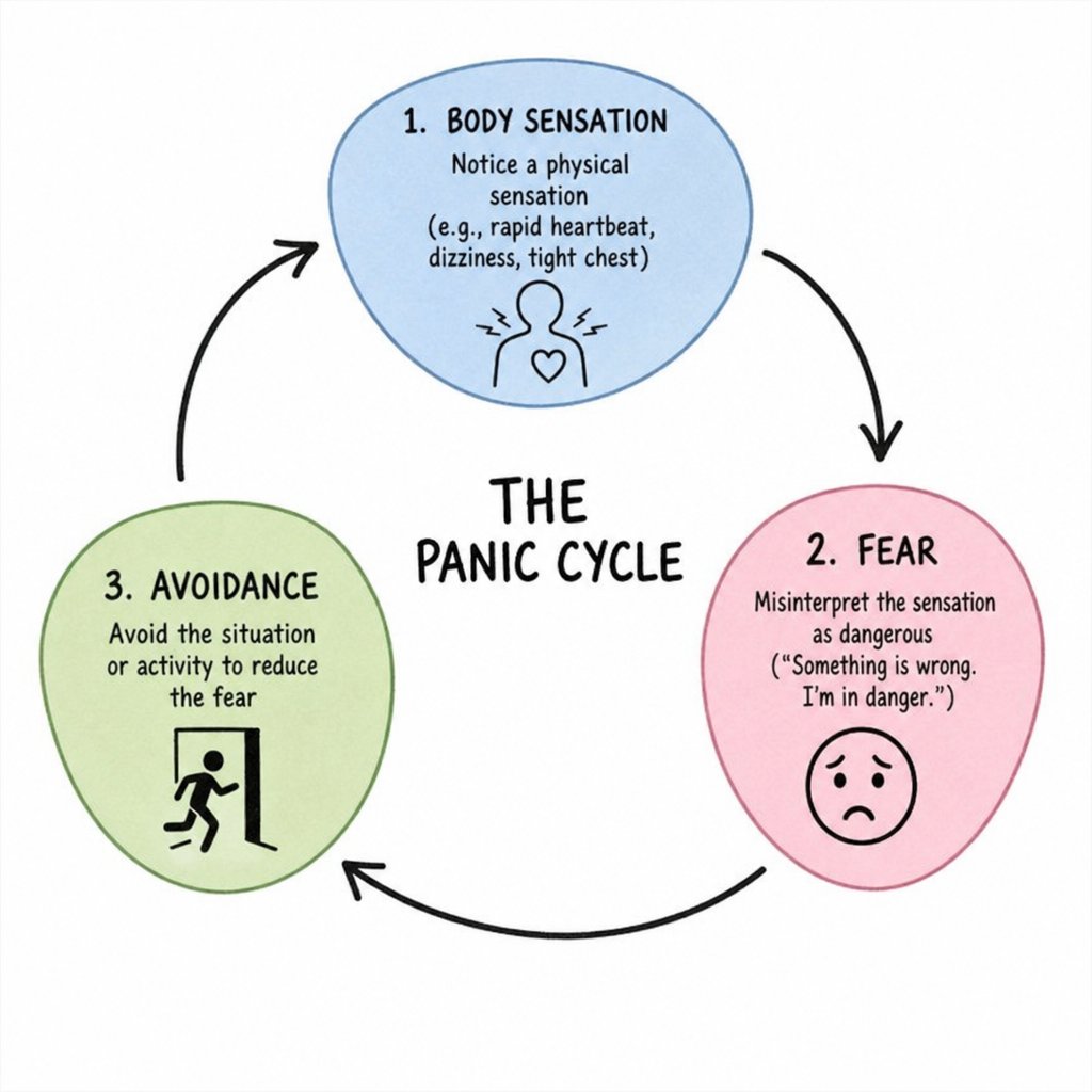 Panic cycle diagram showing how to stop a panic attack by breaking the loop of body sensation, fear, and avoidance.